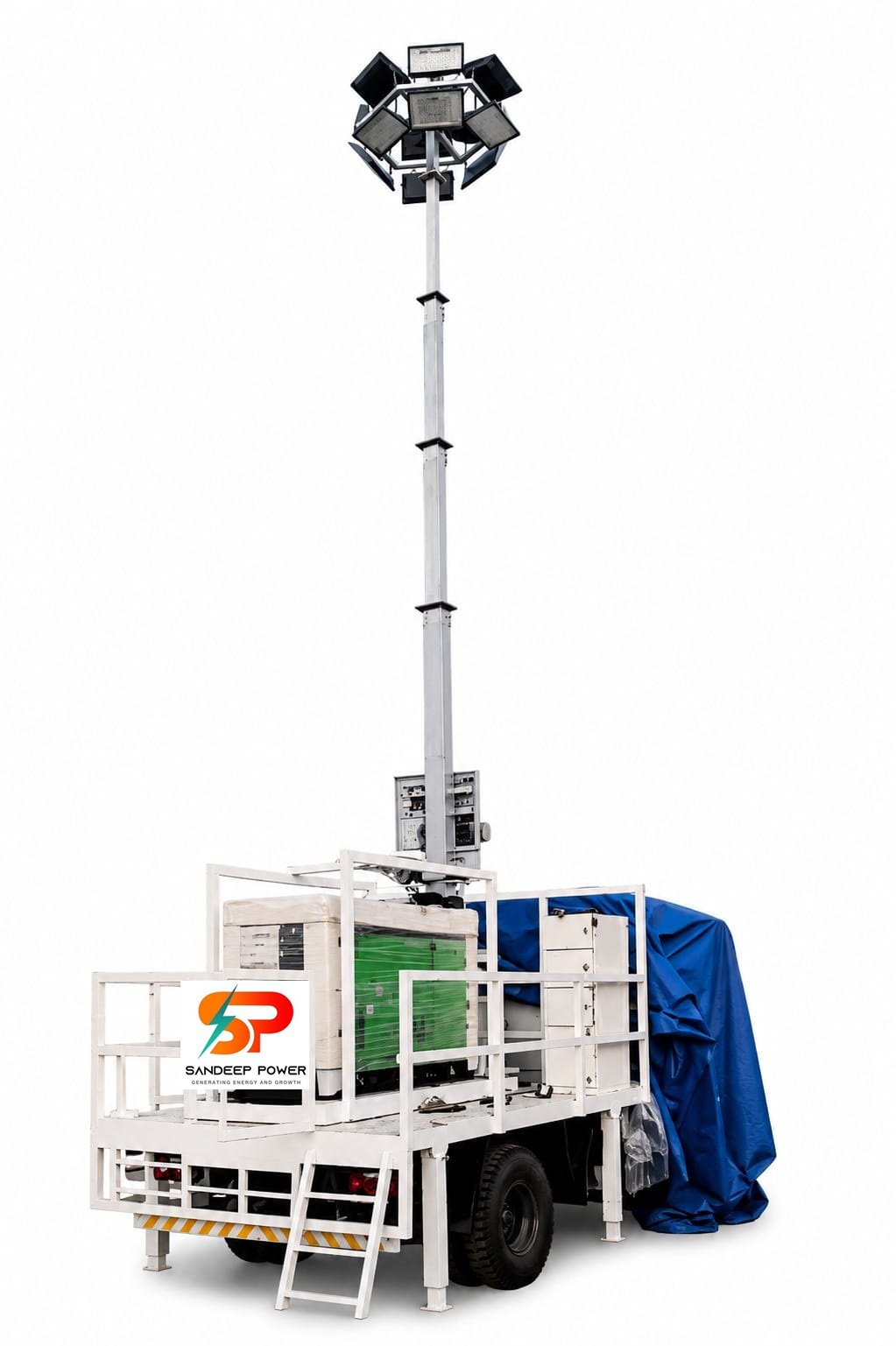 SANDEEP POWER Make:  9-12 Mtrs Hybrid Automatic Remote Operated Vehicle Mounted Telescopic Lighting Tower with 12 Nos. 400 watt LED Light, Control Panel & DG Set